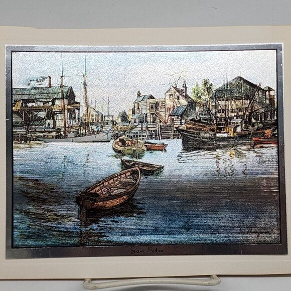 Vintage Lionel Barrymore Foil Art Print San Pedro Nautical Sailboats - Picture 1 of 8